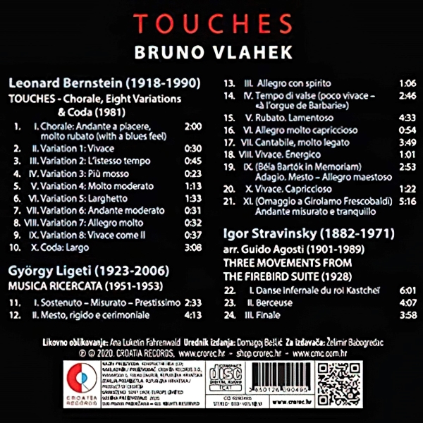 CD album pijanista Brune Vlaheka, <em>Touches</em>, Bernstein, Ligeti, Stravinsky, Croatia Records, 2020.