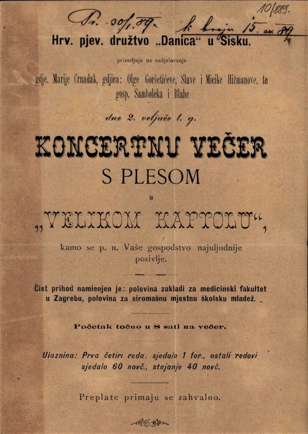 Pjevačko društvo <em>Danica</em> - Pozivnica na <em>Koncertnu večer s plesom</em>, 2. veljače 1889. u Sisak