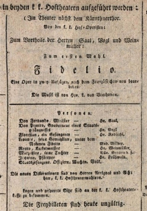 Programska cedulja praizvedbe treće, definitivne verzije <em>Fidelija</em> 23. svibnja 1814. u Kärnthnerthortheateru u Beču