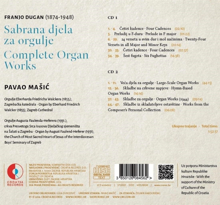 Popis skladbi CD albuma <em>Franjo Dugan - Sabrana djela za orgulje</em>, Pavao Mašić, orgulje, Croatia Records, 2018.