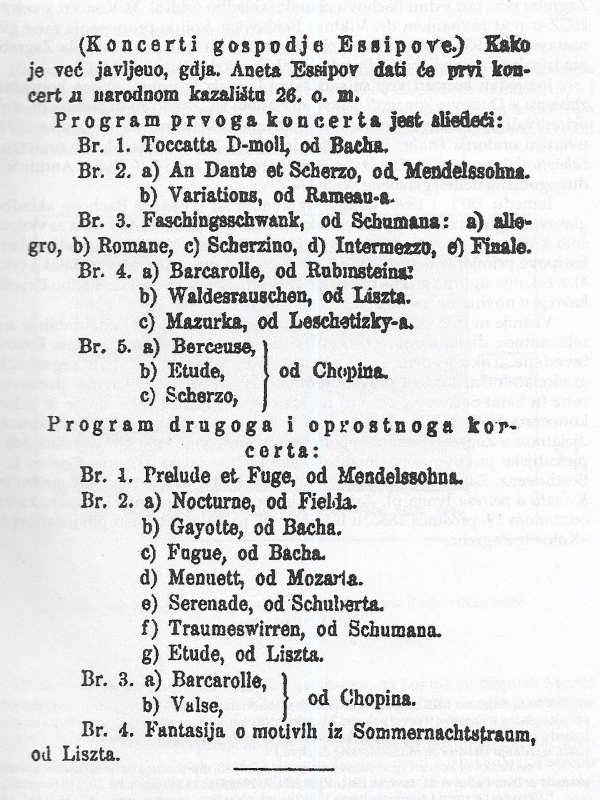 Programska cedulja koncerata Anne Esipove koje je priredila u Zagrebu 26. i 28. veljače 1878. godine.