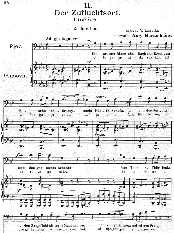 <em>Der Zufluchtsort (Utočište)</em>, solo pjesma za glas i klavir – početak, iz zbirke tiskanih Lisinskijevih pjesama <em>Neuvelo cvieće</em> (1889.) koju je priredio Franjo Kuhač.
