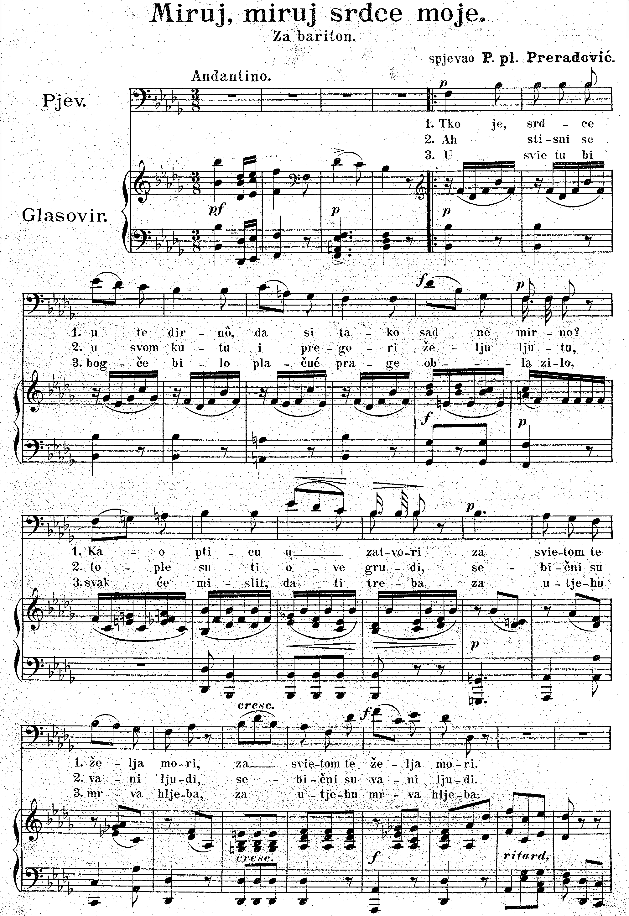 <em>Miruj, miruj, srdce moje</em>, solo-pjesma za glas i klavir – početak, iz zbirke tiskanih Lisinskijevih pjesama <em>Neuvelo cvieće</em> (1889.) koju je priredio Franjo Kuhač.