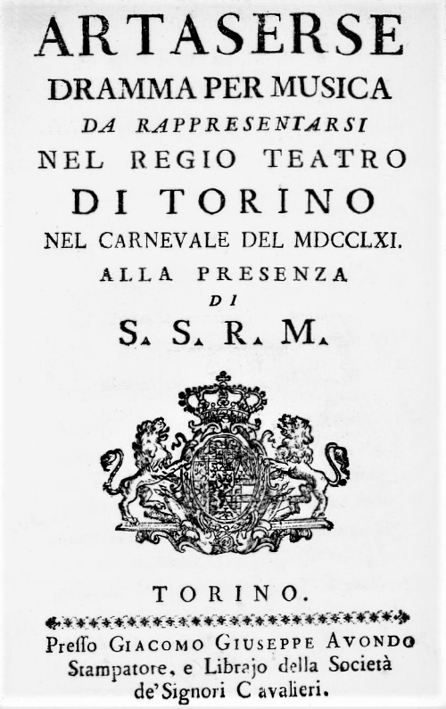 Naslovnica libreta opere <em>Artaserse</em>, autora Pietra Metastasia i skladatelja Leonarda Vincija