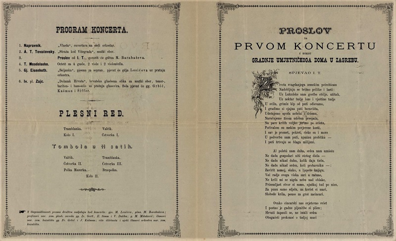 Programa koncerta pjevačkog društva Kolo koji se održao 5. svibnja 1875. s ciljem financiranja Umjetničkog doma u Zagrebu