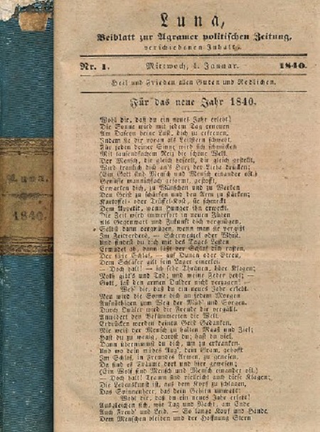 <em>Luna Agramer Zeitschrift</em>, Zagreb 1840. Novine su izlazile u Zagrebu od 1826. na njemačkom jeziku. Nakladnik i urednik bio je Franz S. Stauduar