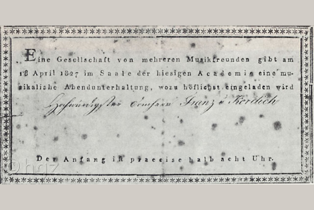 Pozivnica za prvi koncert Hrvatskog glazbenog zavoda održan 18. travnja 1827. u dvorani Kraljevske akademije znanosti