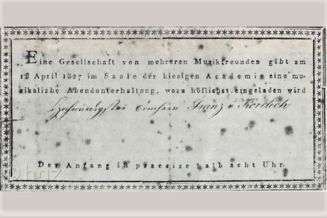 Pozivnica na prvi društveni koncert 18. travnja 1827. (original u Muzeju grada Zagreba)