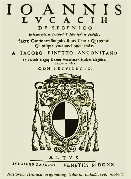 Naslovna stranica originalnog izdanja Lukačićevih moteta, <em>Svete pjesme</em> (<em>Sacrae cantiones</em>), tiskani 1620. u Veneciji u tiskari Angela Gardana.